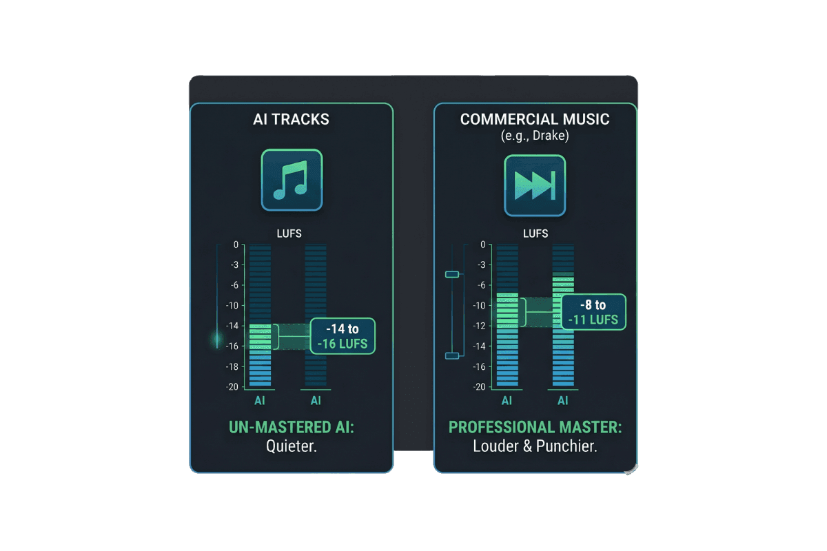 Comparison between loudness levels of unmastered AI-generated songs and commercial songs