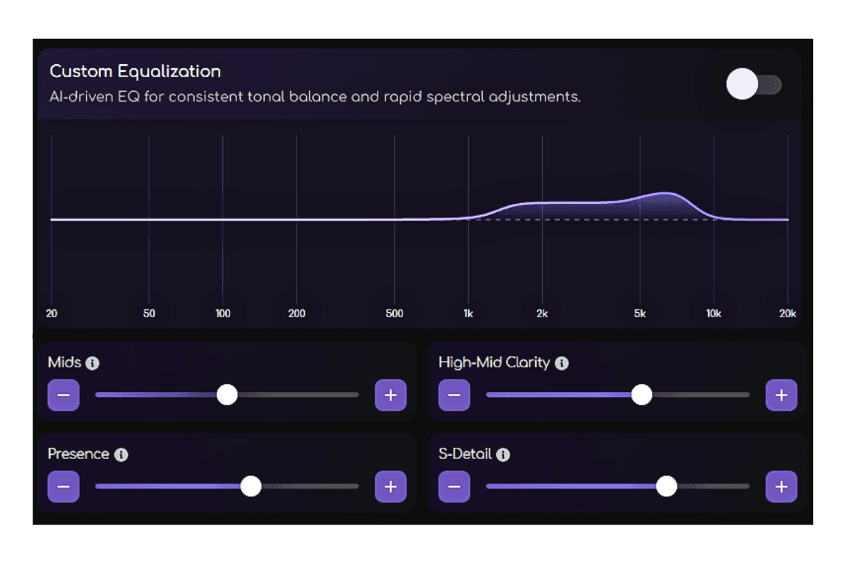 Mids, High-Mid Clarity, Presence, and S-Detail EQ controls on Remasterify’s track page, showing upper-mid frequency shaping.