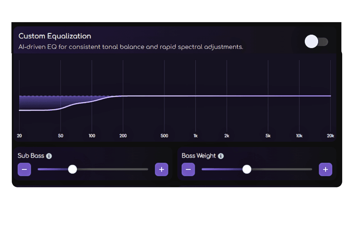 Sub Bass and Bass Weight EQ controls on Remasterify’s track page, showing a low-end frequency curve adjustment.