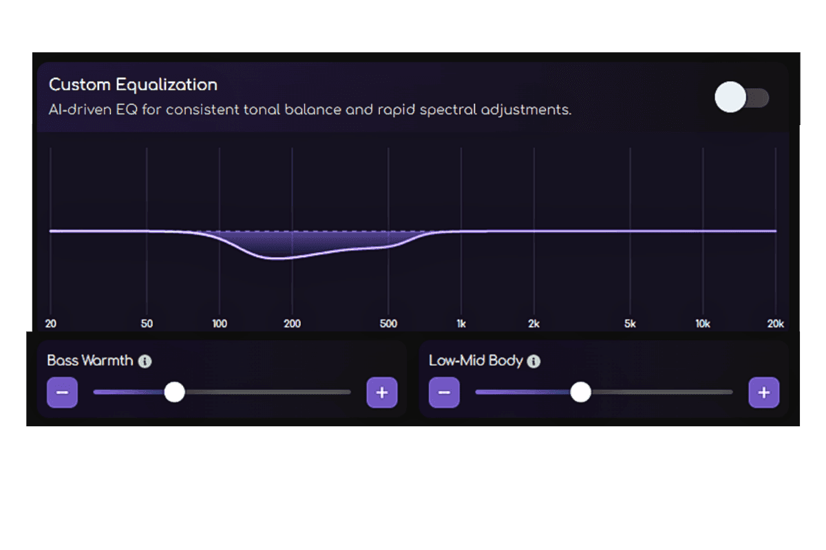 Bass Warmth and Low-Mid Body EQ controls on Remasterify’s track page, showing a low-mid frequency cut.