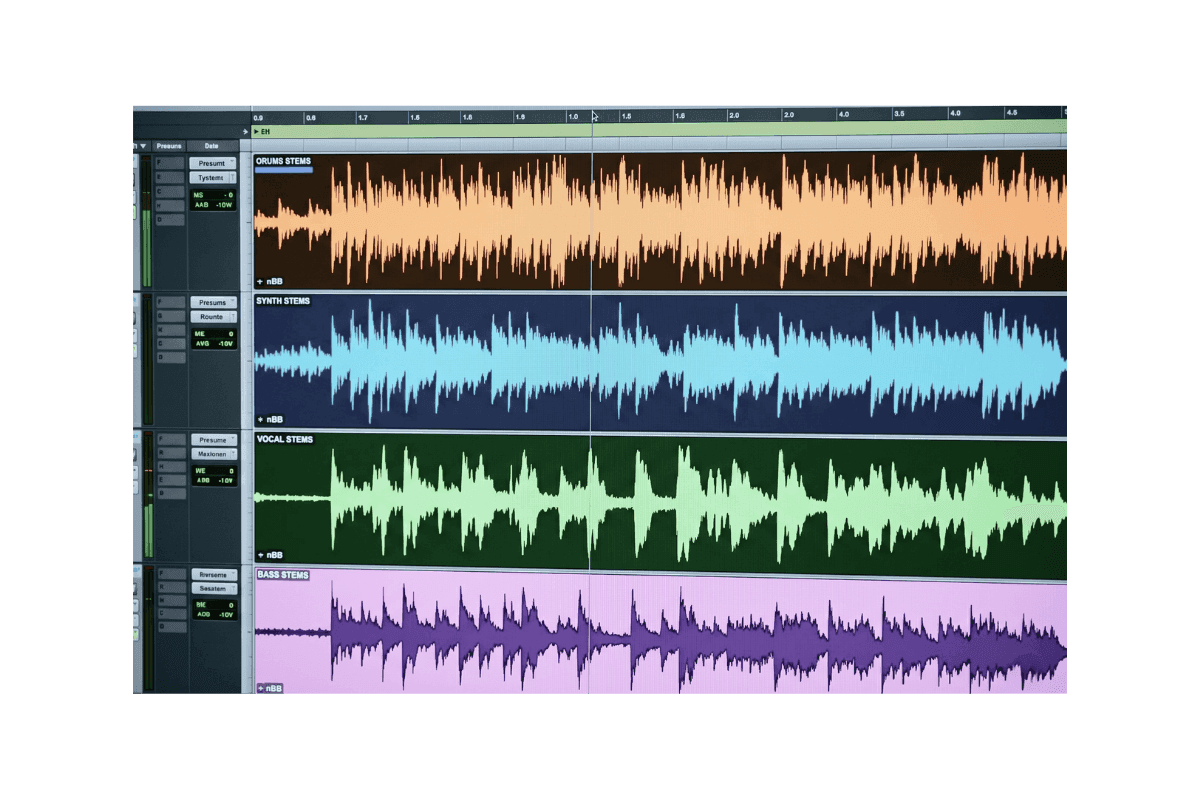 Stem mastering session with separate audio stem waveforms.