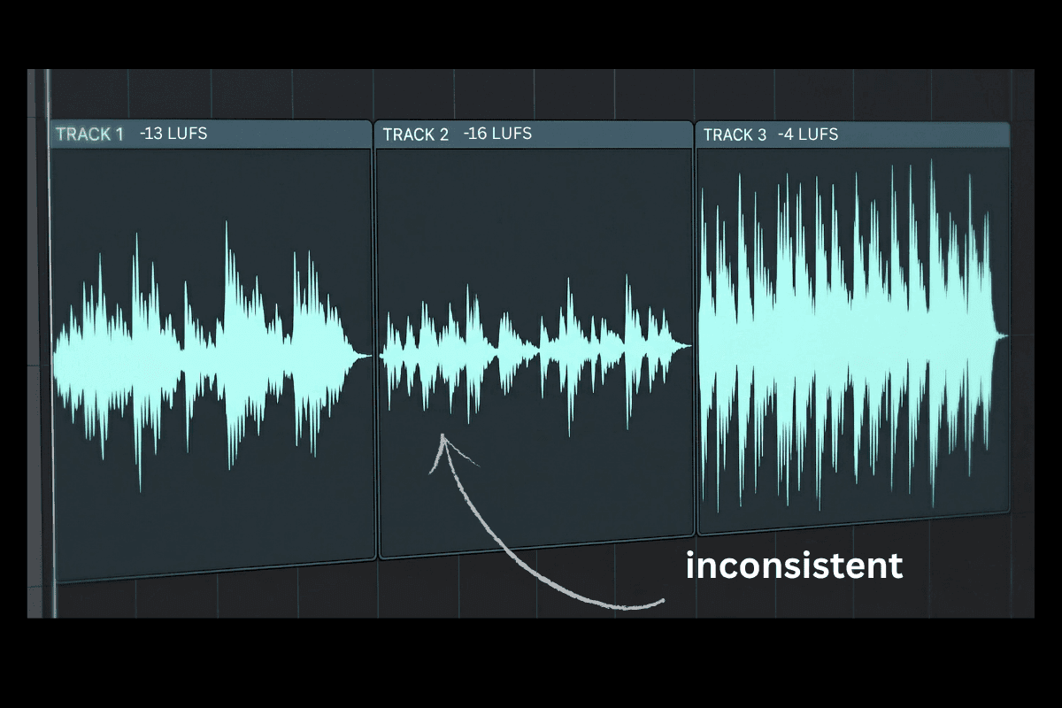 Audio waveforms showing inconsistent loudness levels across three album tracks at -13, -16, and -4 LUFS