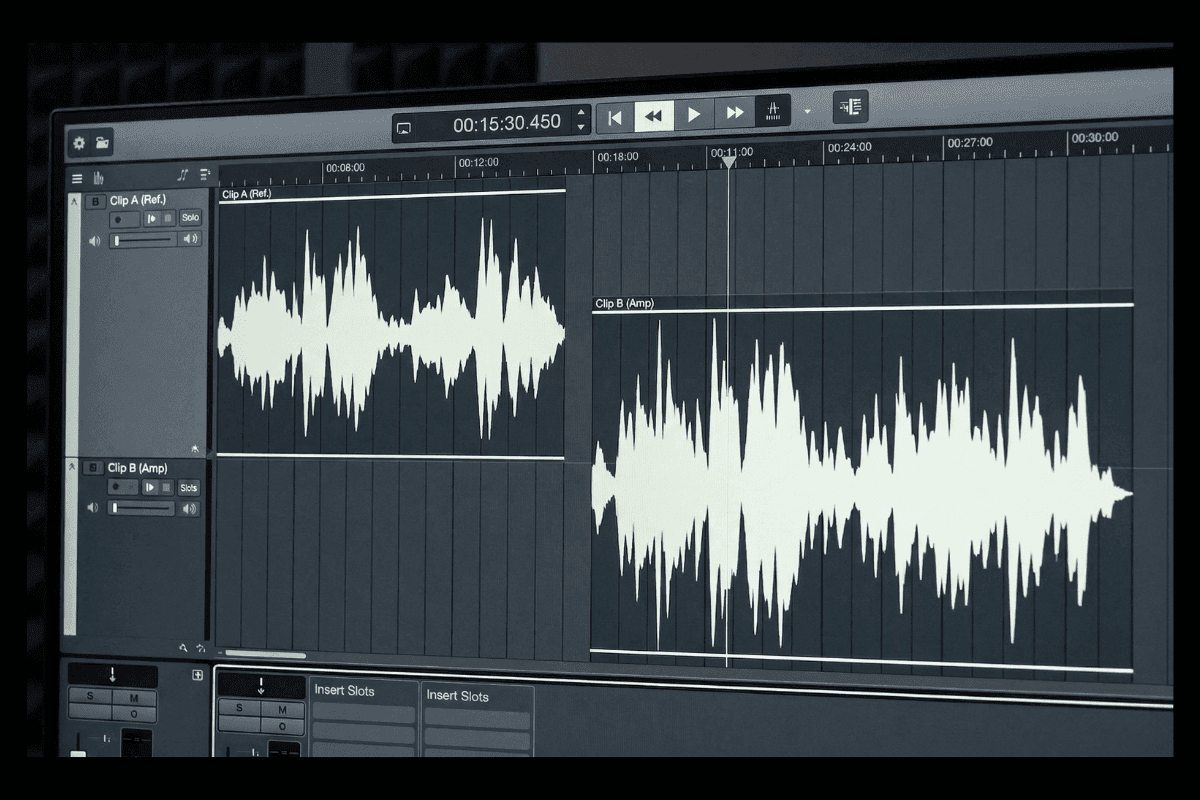 DAW session showing multiple audio tracks arranged side by side for album mastering