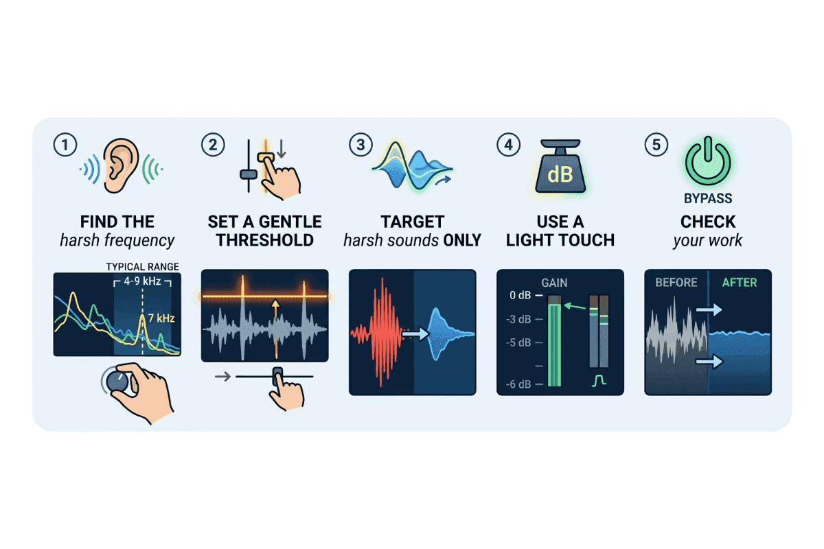 Cinque passaggi per fare de-essing delle voci: trovare la frequenza dura, impostare una soglia delicata, mirare solo ai suoni duri, usare un tocco leggero e bypassare per controllare.