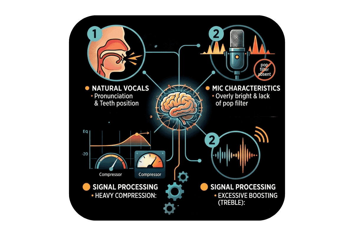 Infografica che mostra quattro cause di sibilanza vocale: pronuncia naturale e posizione dei denti, microfoni brillanti senza filtro pop, compressione forte e boost eccessivo degli alti.