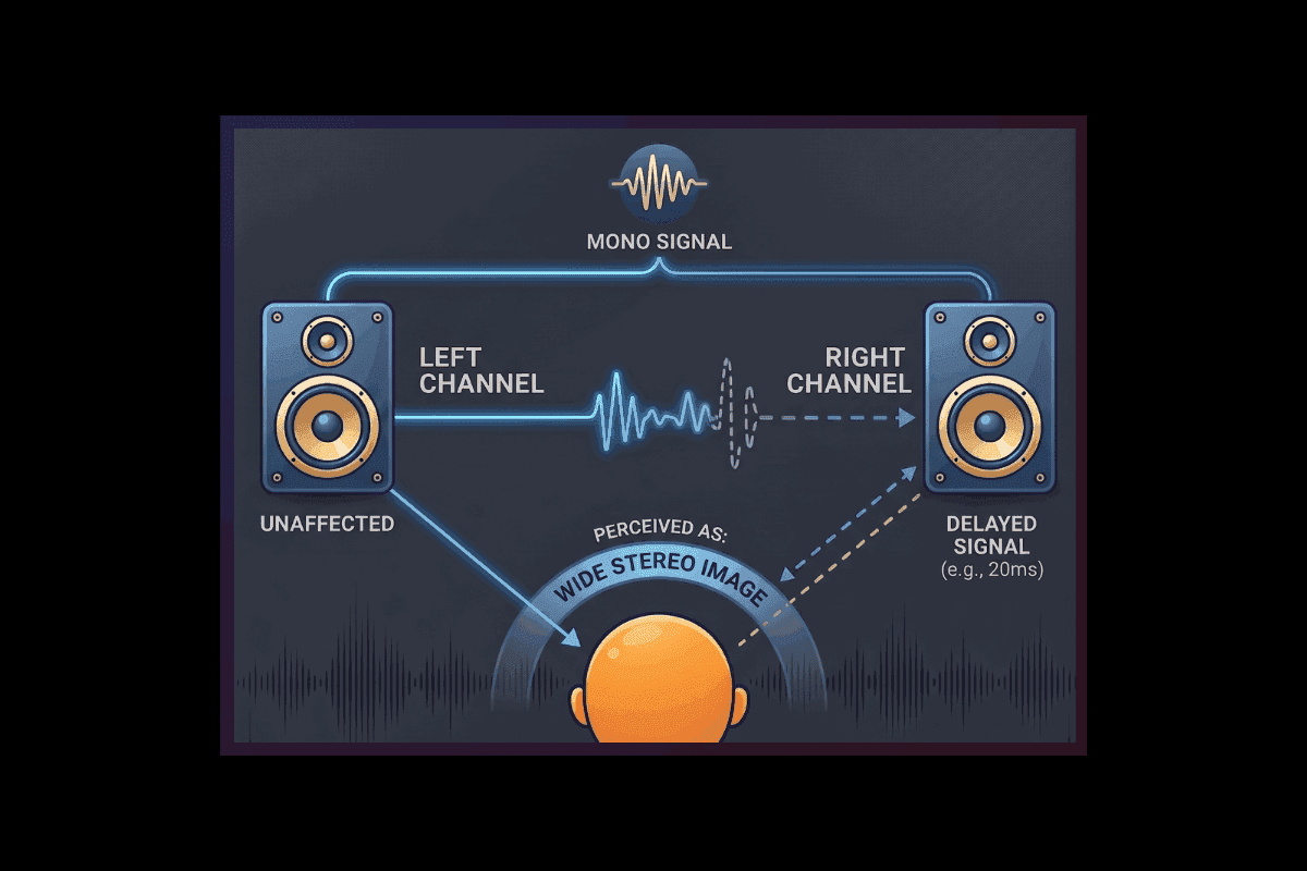 Diagramma dell'effetto Haas: un segnale mono alimenta entrambi gli altoparlanti, ma ritardare il canale destro di circa 20 millisecondi fa percepire all'ascoltatore una larga immagine stereo.