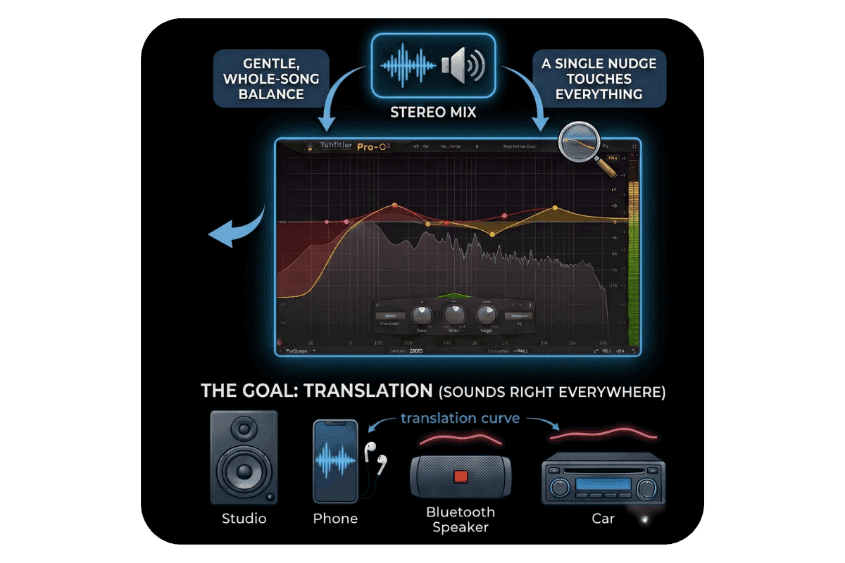 Infografica che mostra come l'EQ di mastering bilancia un file stereo in modo che suoni bene su monitor da studio, telefoni, altoparlanti Bluetooth e sistemi audio per auto.