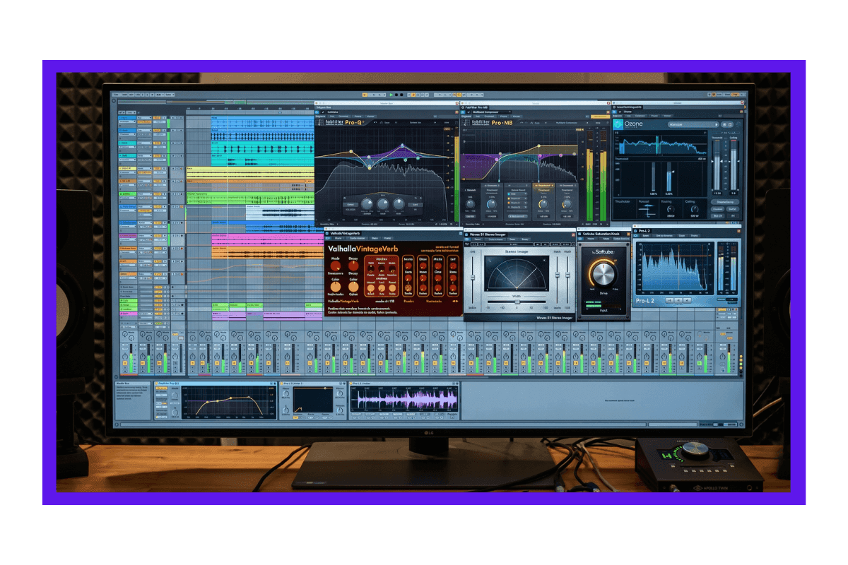 Professional DAW screen filled with complex mastering plugins, EQ curves, and mixing channels highlighting the steep learning curve of manual audio mastering