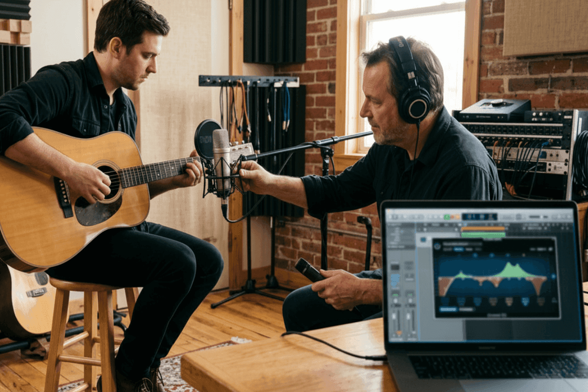 Ingeniero de audio grabando guitarra acústica en un estudio profesional.