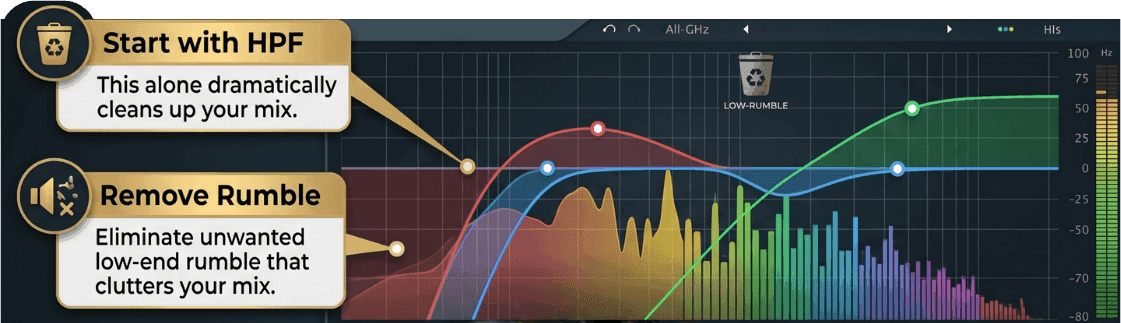 Plugin EQ mostrando un filtro pasa-altos eliminando el rumble de los bajos de la batería