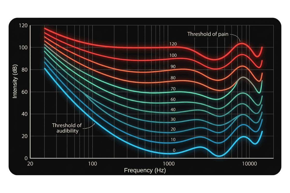 Curve di uguale loudness di Fletcher-Munson che mostrano che l'orecchio ha bisogno di molta più energia nei bassi e negli estremi alti che nella gamma media per percepirli come ugualmente forti.