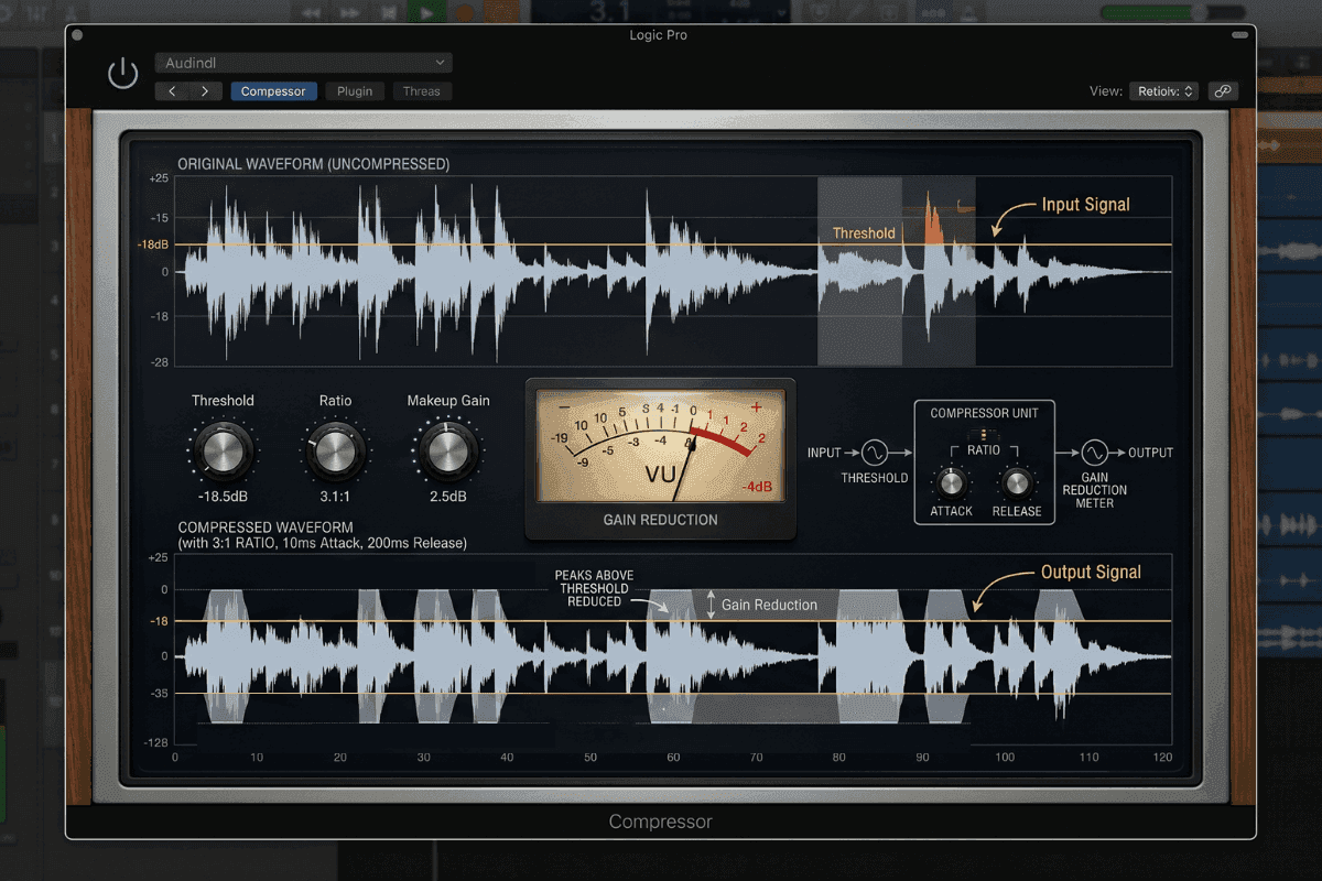 Interfaccia del compressore stile Logic Pro che confronta le forme d'onda originale e compressa, mostrando come la riduzione del guadagno abbassa i picchi sopra la soglia.