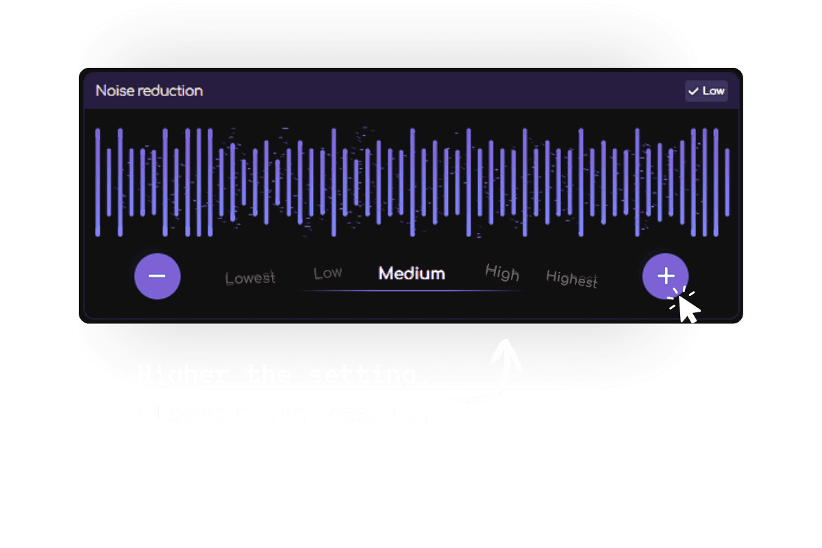 Remasterify noise reduction control set to Medium with the caption "higher the setting, cleaner the result"