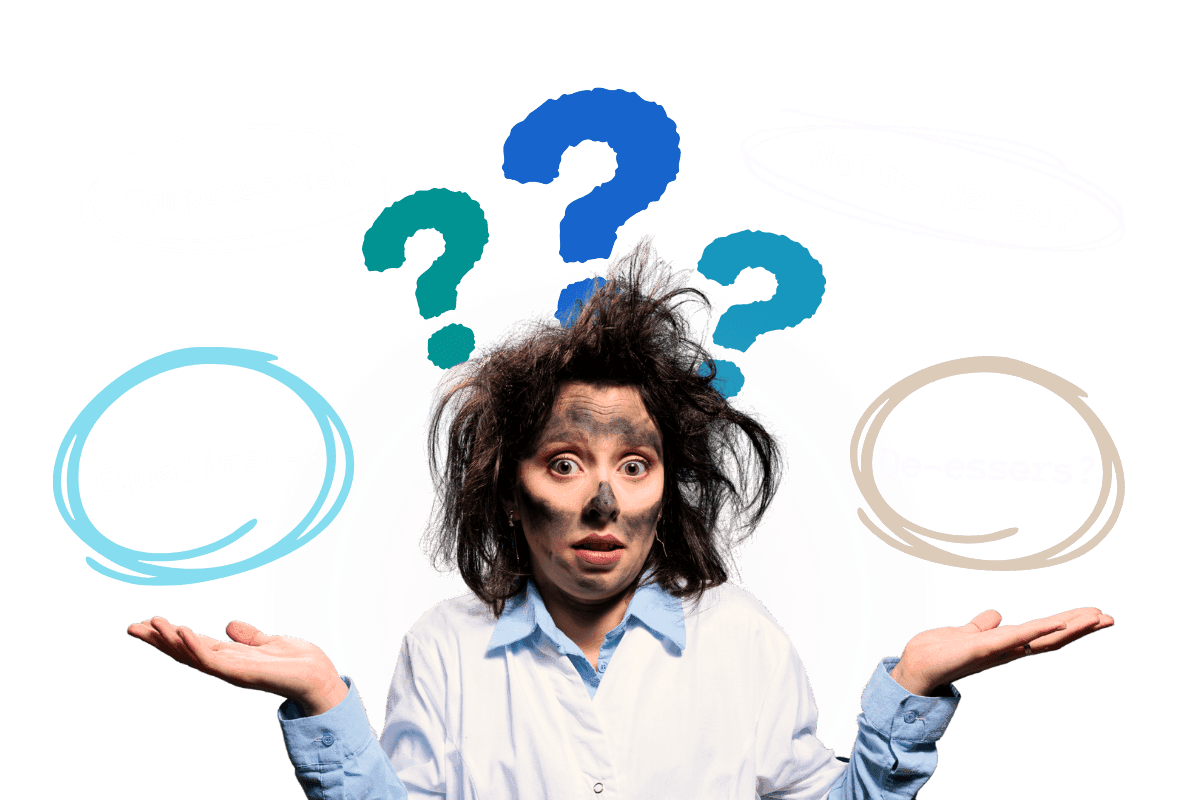Confused creator overwhelmed by audio editing terms — compressors, noise gates, equalizers, and de-essers