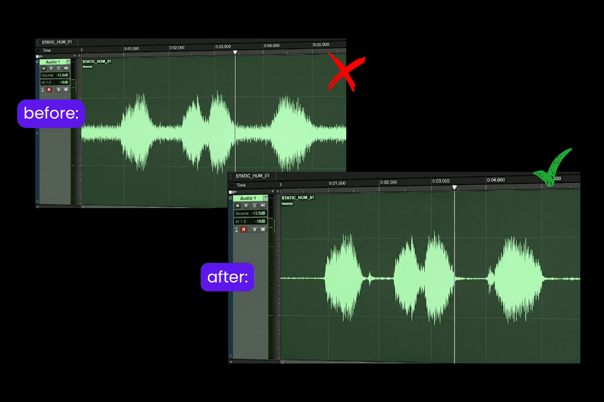 Before and after waveforms showing a audio recording cleaned of background static noise for a professional sound