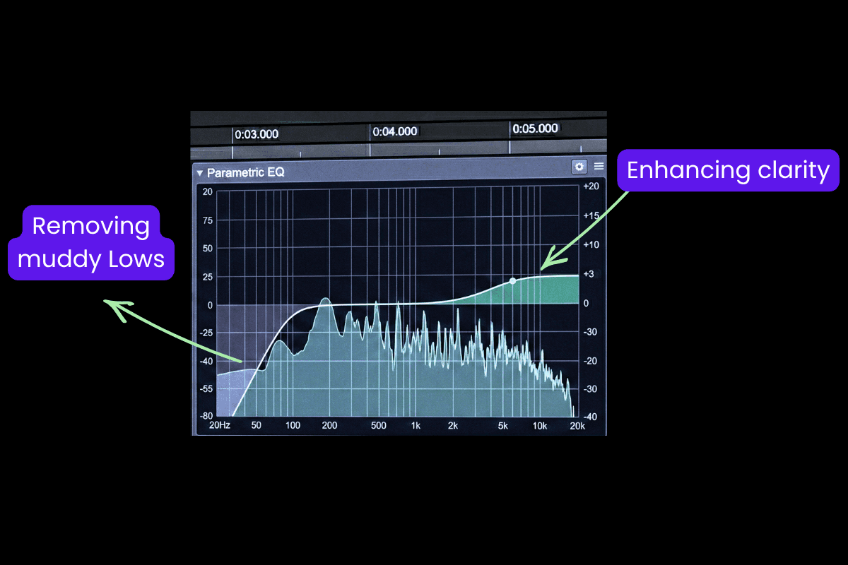 Parametric EQ curve removing muddy low frequencies and enhancing clarity in the high range for vocal mastering